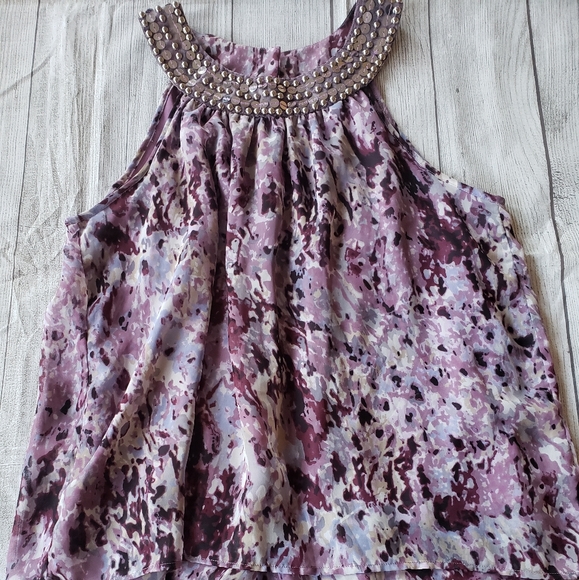 Multi colored purple lined baby doll blouse  with silver sequined neckline sz Lg - Picture 2 of 8